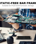 Person holding a circuit board above a 2 Pack Anti Static PCB Tray Racks With 25 Slots ESD Safe Bar Brackets Straight Type Turnover Shelves.