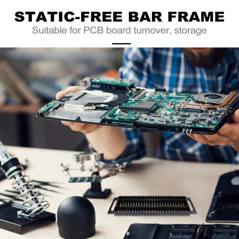 Person holding a circuit board above a 2 Pack Anti Static PCB Tray Racks With 25 Slots ESD Safe Bar Brackets Straight Type Turnover Shelves.