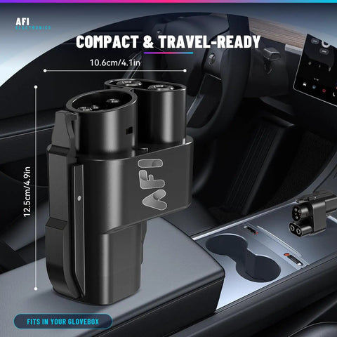 Hella Durable NACS To CCS1 Adapter For Tesla Superchargers in car console, compact size 10.6cm x 12.5cm, travel-ready design.