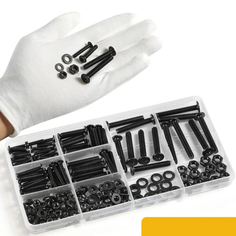 Gloved hand holding components from 231 Pieces Machine Screws And Nuts Kit M4 M5 M6 Phillips Flat Round Head 304 Stainless Steel Nuts Bolts Washers Set Black For DIY Wall Plate Switches And Furniture Assembly over open kit box.
