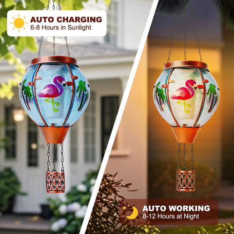 Solar Hot Air Balloon Lantern With Flamingo Pattern Waterproof Outdoor Hanging Lights For Garden Yard Lawn Patio