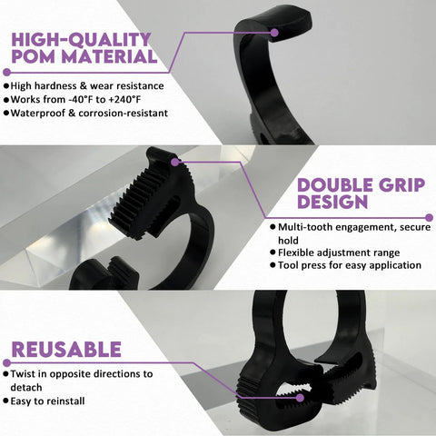 Close-up of 146 Piece Nylon Hose Clamp Set With Double Grip Ratcheting Clamps In 10 Sizes, features of high-quality POM material.