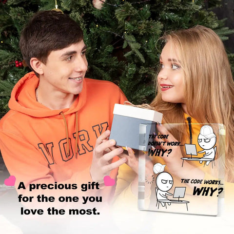 Couple exchanging gifts with Funny Programmer Gift For Men IT Tech Computer Science Software Engineer Acrylic Desk Plaque visible.