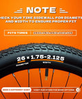 Bicycle tire size with note on proper fit for 26x1.75-2.125 inch tires on an orange background, fits Two Pack Heavy Duty 26 Inch Inner Tubes
