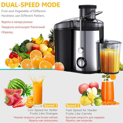 Heavy Duty Stainless Steel Juicer With Extra Wide Mouth For Smooth Extraction And No Pomace Or Pulp Leftovers showing dual-speed settings.
