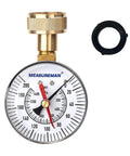 MEASUREMAN 2-1/2 inch water pressure gauge; front view, 3/4 inch hose thread, brass fittings, white dial, blue logo.