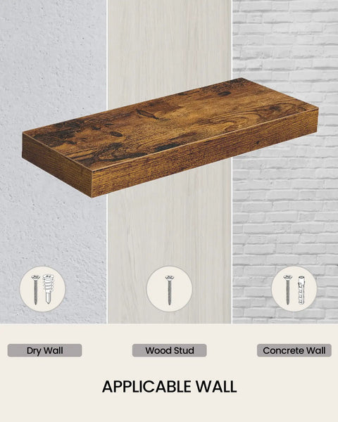 15 Inch Floating Shelves Set Of 4 With Hidden Brackets Rustic Brown Wall Mounted Shelves For Living Room Bathroom Bedroom And Kitchen Decor Retro Style Easy DIY Install Space Saver shown against different wall types.