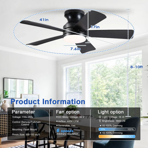 41 Inch Black Flush Mount Ceiling Fan With Lights Remote Control Dope Quiet DC Motor shown mounted in modern room