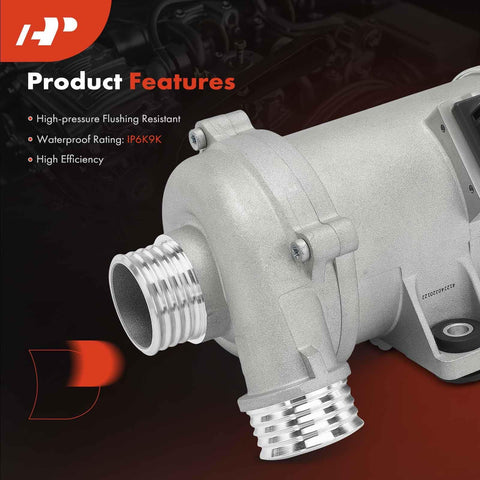 Close-up of 4 Pins Engine Electric Water Pump For BMW 2.0L Vehicles, showing aluminum housing and high-pressure resistance features.