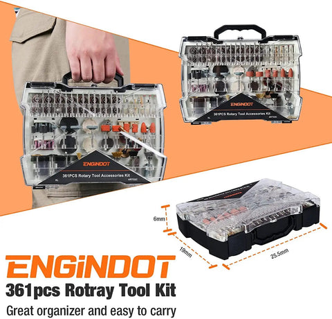 Rotary Tool Accessories Kit Do-It-All 361 Pieces in PS case with handle, perfect for cutting, grinding, sanding, DIY projects.