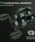 Transparent view of Maxidur ball bearings in baitcasting reel of Six Foot Eight Inch Medium Heavy Baitcasting Rod And Reel Combo