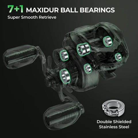 Transparent view of Maxidur ball bearings in baitcasting reel of Six Foot Eight Inch Medium Heavy Baitcasting Rod And Reel Combo
