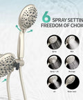 Rain And Handheld Shower System With Five Spray Dual 2 In 1 High Pressure Shower Faucet 3 Way Diverter Brushed Nickel Finish Valve Included For Your Home Upgrade Remodel showing six spray settings options.