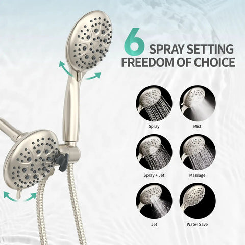 Rain And Handheld Shower System With Five Spray Dual 2 In 1 High Pressure Shower Faucet 3 Way Diverter Brushed Nickel Finish Valve Included For Your Home Upgrade Remodel showing six spray settings options.