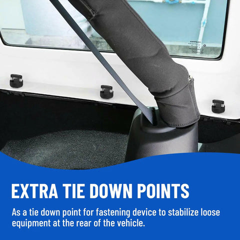 Extra tie down points for equipment stabilization in Ford Bronco Jeep Wrangler, featuring durable black fasteners.