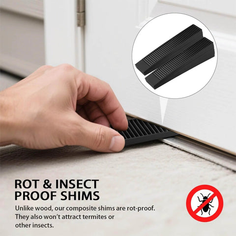 Hand installing Eight Pack 8 Inch Plastic Composite Shims For Furniture Doors Toilets And Tables With Extreme Load Support, Black, anti-slip design