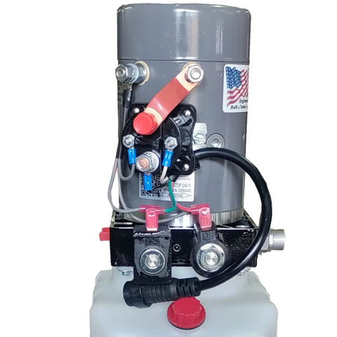 Compact 12V DC Hydraulic Power Unit With Single And Double Acting Capabilities 6 Quart Tank Built Tough For Smooth Operation In Industrial And Home Shop Hydraulics, front view, showing wires and connectors.