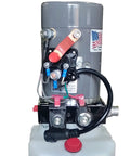Compact 12V DC hydraulic power unit with single double acting valve, 6 quart fluid capacity, for lifts and presses, front view.