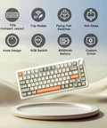 Solid 75 Percent Mechanical Keyboard With Hot Swappable Linear Switches, Gasket Build For Smooth Feel, Tri Mode Wireless, 8000 Mah Battery, Pbt Keycaps With Rgb Backlighting For Gaming And Office Setup Vibes displayed with icons for features like RGB and battery.