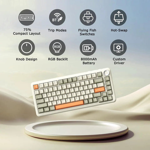 Solid 75 Percent Mechanical Keyboard With Hot Swappable Linear Switches, Gasket Build For Smooth Feel, Tri Mode Wireless, 8000 Mah Battery, Pbt Keycaps With Rgb Backlighting For Gaming And Office Setup Vibes displayed with icons for features like RGB and battery.