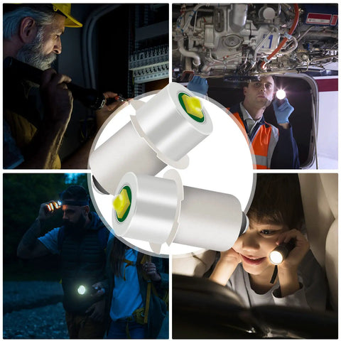 2 Pack LED Flashlight Replacement Bulbs PR2 P13.5S 3W 247LM for 6 To 24V Range Lights in use by various people and scenarios.