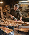 Woodworker using an angle grinder on a wooden table with All In One Angle Grinder Wood Carving Disc Set For Four And A Half Inch Grinders.