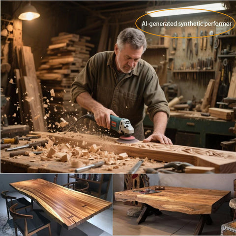 Woodworker using an angle grinder on a wooden table with All In One Angle Grinder Wood Carving Disc Set For Four And A Half Inch Grinders.