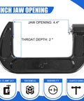 Eight Piece 4 Inch Heavy Duty C Clamps Set With Cast Iron Frame And Sliding T Handle 1125 Lb Clamp Force, jaw opening 4.4 inches