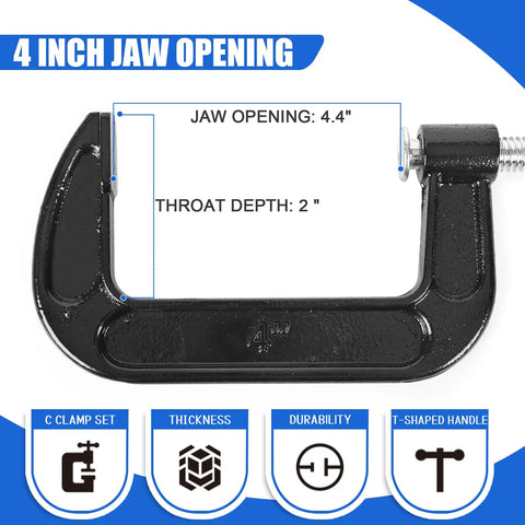 Eight Piece 4 Inch Heavy Duty C Clamps Set With Cast Iron Frame And Sliding T Handle 1125 Lb Clamp Force, jaw opening 4.4 inches
