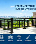 Rock Hard Galvanized Steel Fence Height Extender Topper Kit That Slaps Extra Security to Your Balcony or Yards with a Sleek Horizontal Picket Rail That Handles Mother Nature Like a Champ, black railing in outdoor setting.