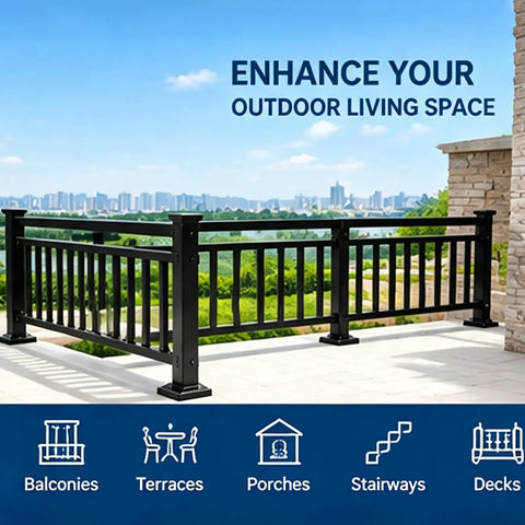 Rock Hard Galvanized Steel Fence Height Extender Topper Kit That Slaps Extra Security to Your Balcony or Yards with a Sleek Horizontal Picket Rail That Handles Mother Nature Like a Champ, black railing in outdoor setting.