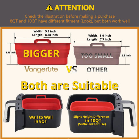 Size comparison of collapsible 2 pack silicone liners for 8Qt and 10Qt Ninja Foodi dual air fryer with measurements.