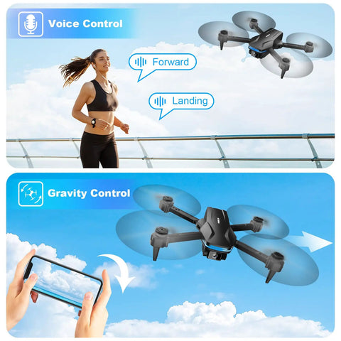 Image of 1080P HD Foldable Drone With Carrying Case for adults showing voice and gravity control features.