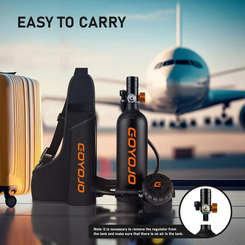 1L Mini Scuba Tank With Mask DOT Certified Portable Diving Air Tank 3000 PSI Max Pressure Pony Bottle near luggage and airplane