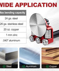 Sheet Metal Bender One Station Disc Roller Hand Tool with max bending capacity chart for steel, aluminum, copper, and zinc.