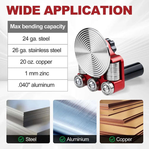 Sheet Metal Bender One Station Disc Roller Hand Tool with max bending capacity chart for steel, aluminum, copper, and zinc.