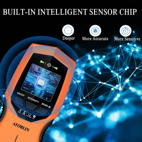 Close-up of digital LCD display on 7 In 1 Stud Finder Wall Scanner With Magnetic Bubble Level, highlighting intelligent sensor chip.