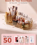 Top Shelf 360 Spin Makeup Organizer For Vanity Countertop Functions As Amber Acrylic Cosmetic Tray with 50 makeup items.