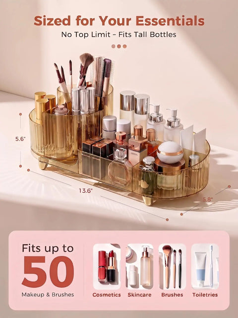 Top Shelf 360 Spin Makeup Organizer For Vanity Countertop Functions As Amber Acrylic Cosmetic Tray with 50 makeup items.