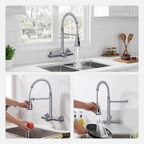 Hurran Wall Mount Kitchen Faucet, Commercial Utility Sink Faucet in a modern kitchen with flexible sprayer and ergonomic design.