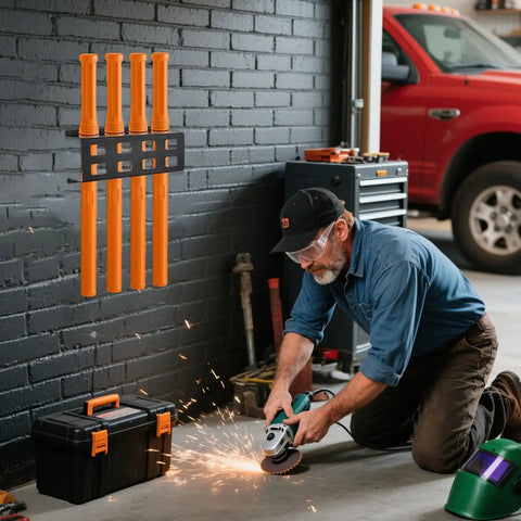 Man using angle grinder near Wall Mount Organizer With Four Tube Rod Rack for electrodes in workshop