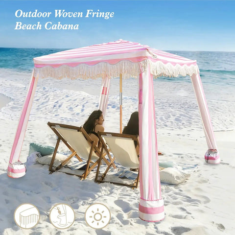 Boho Beach Cabana With Fringe And Tassels, 7x7 Ft Easy Setup Canopy With Premium Wood Poles, Sand Pockets, Rose Stripes on beach