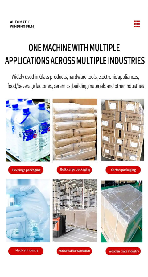 Heavy Duty Automatic Pallet Wrapping Machine With Wide Stretch Film Roll Wrapper for beverage and bulk cargo packaging.