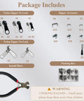 Zipper Repair Kit With Replacement Sliders In Sizes 3 5 And 8 Plus Install Plier, metal parts, accessories shown.