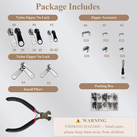 Zipper Repair Kit With Replacement Sliders In Sizes 3 5 And 8 Plus Install Plier, metal parts, accessories shown.