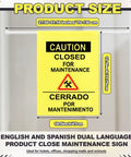 Two Pack Restroom Closed For Maintenance Signs With English And Spanish Doorway Barricade Signs On Adjustable Poles shown.