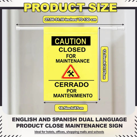 Two Pack Restroom Closed For Maintenance Signs With English And Spanish Doorway Barricade Signs On Adjustable Poles shown.