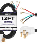 Heavy Duty 4 Prong Dryer Cord 12 Foot Long Nema 14-30 Plug 30 Amp Universal Replacement Power Cable For Modern Homes with gold connectors.