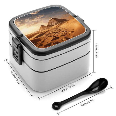 Pyramid Africa Desert Bento Box Leakproof Double Layer Lunch Box With Handle For Office Travel Camping, dimensions showing.