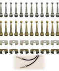 All In One Bolo Tie Findings Kit With 36 Pieces Including 12 Silver Cord Tips 12 Bronze Cord Tips 6 Silver Slides And 6 Bronze Slides For Legit DIY Jewelry Making And Cowboy Style Necklaces, shown arranged
